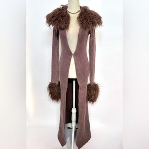 Jaded London Light Brown Fur-Trim Long Cardigan Duster S